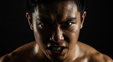 Intense Asian man showing aggression and determination in dark studio shot photo