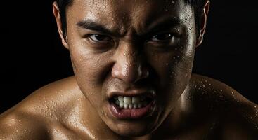 Intense Asian Athlete with Angry Expression and Sweat Glistening Skin photo