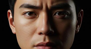 Intense Asian man's face close up with dramatic lighting and expression photo