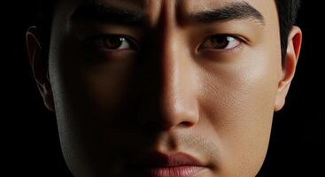 Intense close-up portrait of a handsome Asian man with a serious expression photo