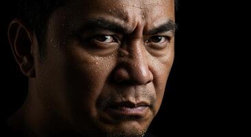 Intense close-up of a sweaty Asian man with an angry and determined look photo