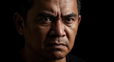 Intense portrait of a middle aged Asian man with angry expression photo