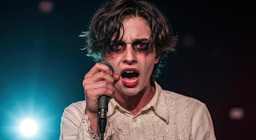 Intense male singer with red eyes performing on stage with microphone photo