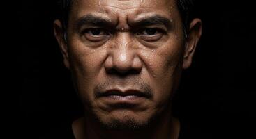 Intense portrait of a determined middle-aged Asian man with a sweaty face photo