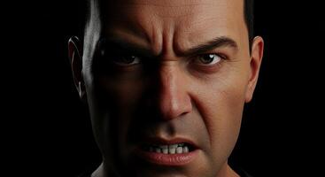 Intense portrait of an angry man with furrowed brow and clenched teeth photo