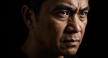 Intense portrait of determined middle aged Asian man with sweat drops photo