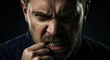 Intense portrait of a stressed man biting his fist in frustration photo