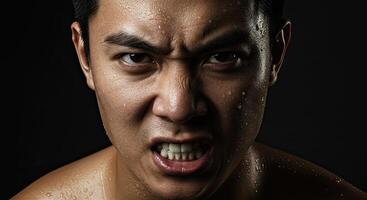 Intense portrait of sweaty angry Asian man glaring with clenched teeth photo