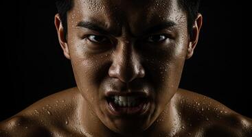 Intense portrait of sweaty Asian man with angry expression on black photo
