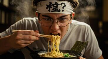 Intense young man enjoying a steaming bowl of ramen with chopsticks photo