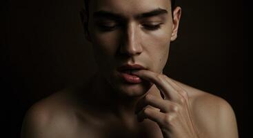 Introspective young man with finger on lips in moody, dark studio shot photo