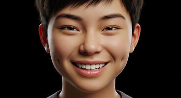 Joyful young Asian person smiling with dimples against a black background photo