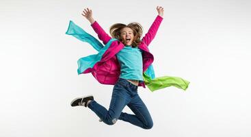 Joyful young woman jumping with happiness wearing colorful clothes photo