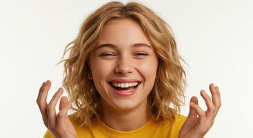 Joyful young woman laughing with her hands up against a white backdrop photo