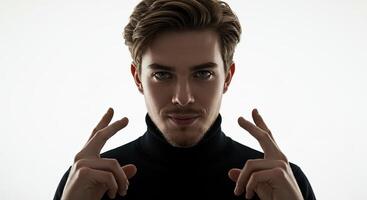 Man in black turtleneck stares intensely with fingers pointed upward photo
