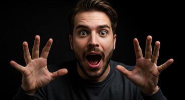 Man expressing shock and surprise with wide eyes and open mouth gesture photo