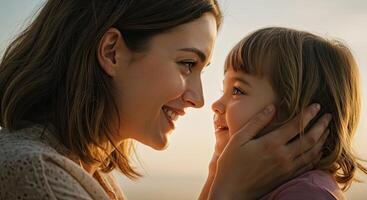 Loving mother holds her daughter's face in her hands in a tender moment photo