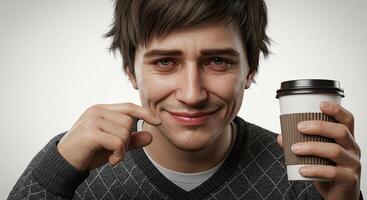 Man holding coffee cup with a cheerful expression indoors closeup shot photo