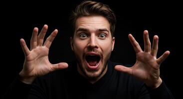 Man reacting in shock with open mouth and hands up against dark background photo