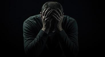 Man in despair with hands covering face expressing loneliness and sadness photo