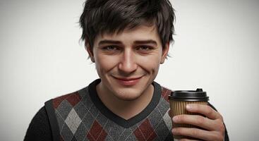 Man smiles holding coffee cup wearing argyle sweater in studio shot photo