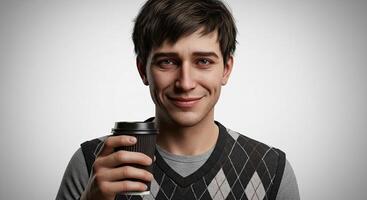 Man smiles holding coffee cup wearing sweater vest in front of white photo