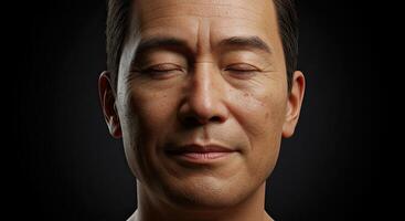Middle-aged Asian man with closed eyes expressing serenity and peace photo