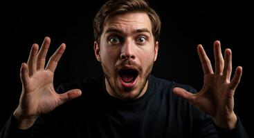 Man with surprised expression raises hands in disbelief against black background photo