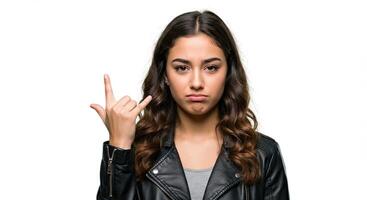Moody young woman in leather jacket making rock and roll sign gesture photo
