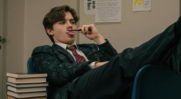Mischievous teen student in school uniform makes a silly face in class photo