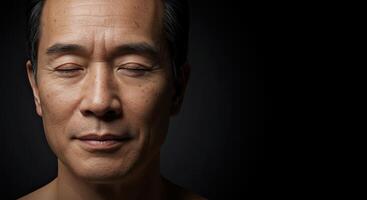 Peaceful Asian man meditating with closed eyes in soft light studio shot photo