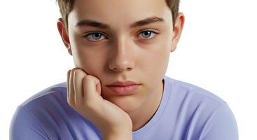 Pensive young man with blue eyes resting chin on hand in thoughtful pose photo