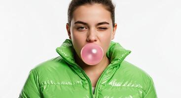 Playful young woman winking while blowing bubble gum in bright green coat photo
