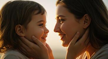 Mother and daughter share a loving moment in golden sunlight affection photo
