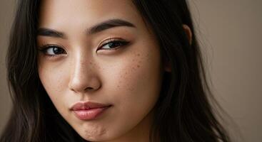 Portrait of a beautiful Asian woman with dark hair and freckles looking at camera photo