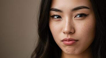 Portrait of a beautiful Asian woman with freckles and natural beauty look photo