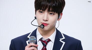 Portrait of a confident young Asian man in suit holding a microphone photo