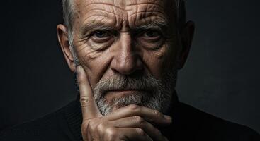 Portrait of a contemplative senior man with beard in deep thought gaze photo