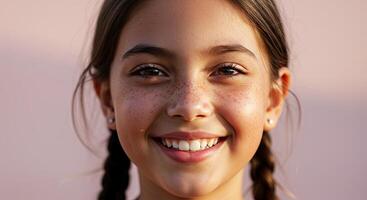 Portrait of a happy tween girl with freckles smiling at the camera photo