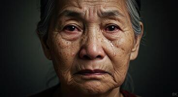 Portrait of a senior Asian woman with tears reflecting deep emotion photo