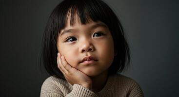 Portrait of a thoughtful Asian toddler rests her chin in her hand indoors photo
