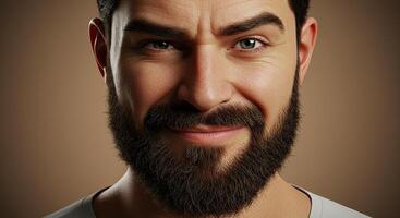 Portrait of handsome bearded man smiling confidently at camera view photo