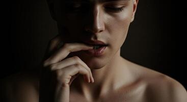 Sensual portrait of a young man biting his finger with soft lighting photo