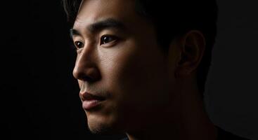 Serene Asian man in profile with dramatic lighting against dark background photo