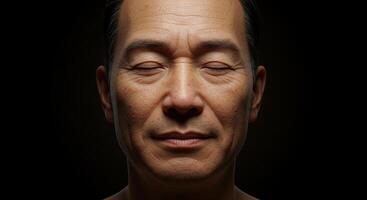 Serene Asian Man with Closed Eyes Portrait Expressing Calm and Reflection photo