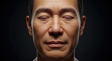 Serene Asian Man Portrait with Eyes Closed in Contemplation and Peace photo
