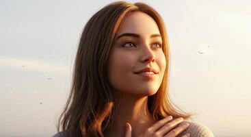 Serene young woman gazes hopefully at the sky with a peaceful expression photo