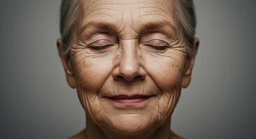 Serene portrait of elderly woman with closed eyes radiating peace and wisdom photo