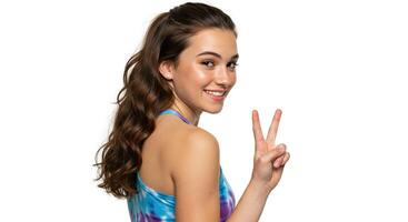 Smiling brunette woman making peace sign posing against a white background photo