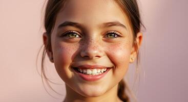 Smiling young girl with freckles radiates happiness in a close-up portrait photo